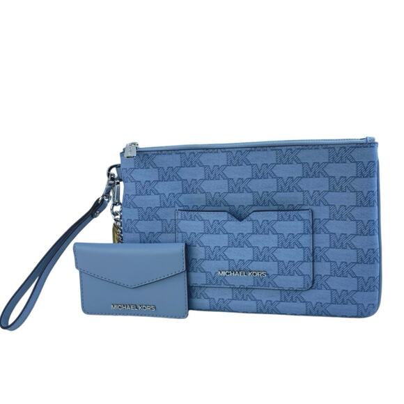 NEW Michael Kors Jet Blue MK Signature 2 In 1 Card Case Wristlet Clutch Bag - Picture 1 of 9